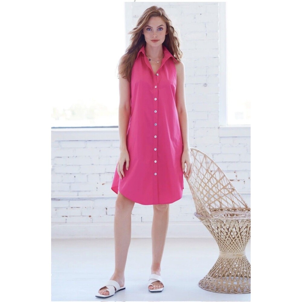 finley shirt dress Sz S Pink swing Sleeveless Collared Button Pockets